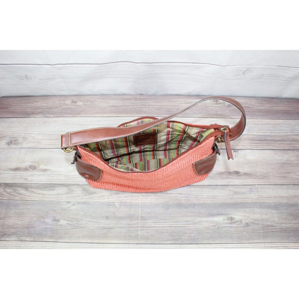 Fossil Brown Leather Strap Orange Woven Straw Lined Purse Shoulder Hobo Bag - Picture 6 of 9